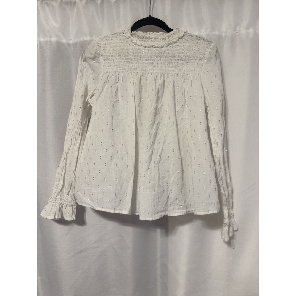 GAP 99% Cotton White Embroidered Ruffle Neck Smocked Long Sleeve Blouse S